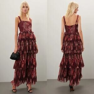 Hutch Nalina Dress Floral Print Georgette Sleeveless Ruffle Tiered Maxi Red 2
